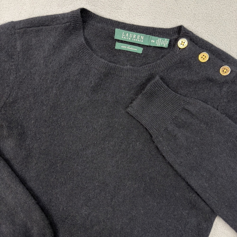 Lauren Ralph Lauren Size Petite M Black 100% Cashmere Knit Gold Button Sweater